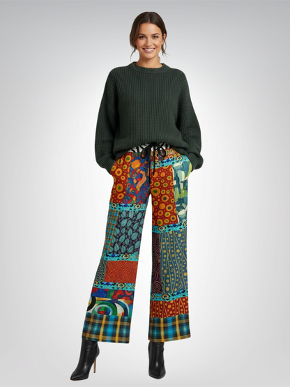 Give Me a Kiss Art Deco Patchwork Print Eco-Poly Wide Leg Pants