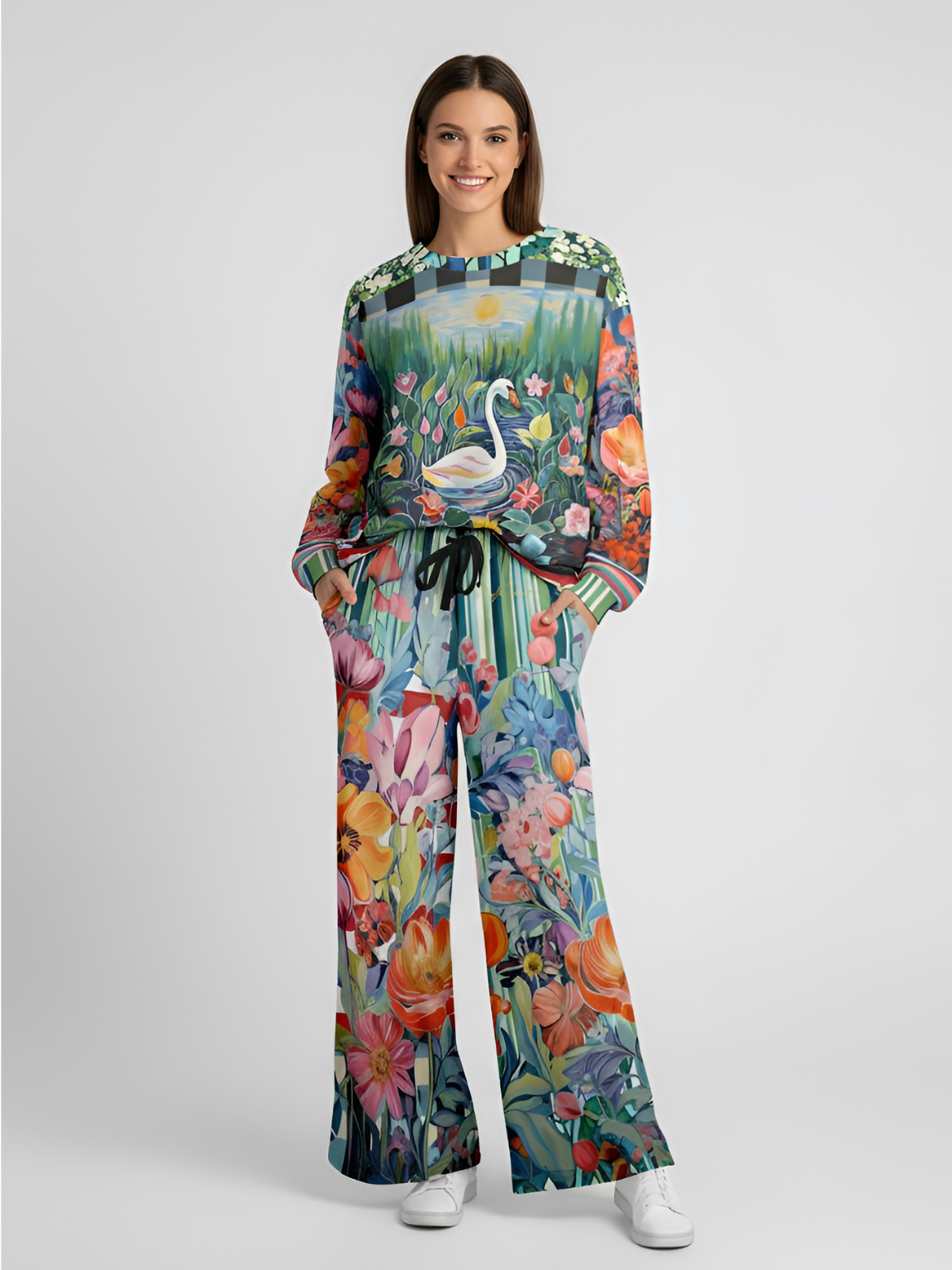 Swan in Floral Isolation Stripe Eco-Poly Wide Leg Pants