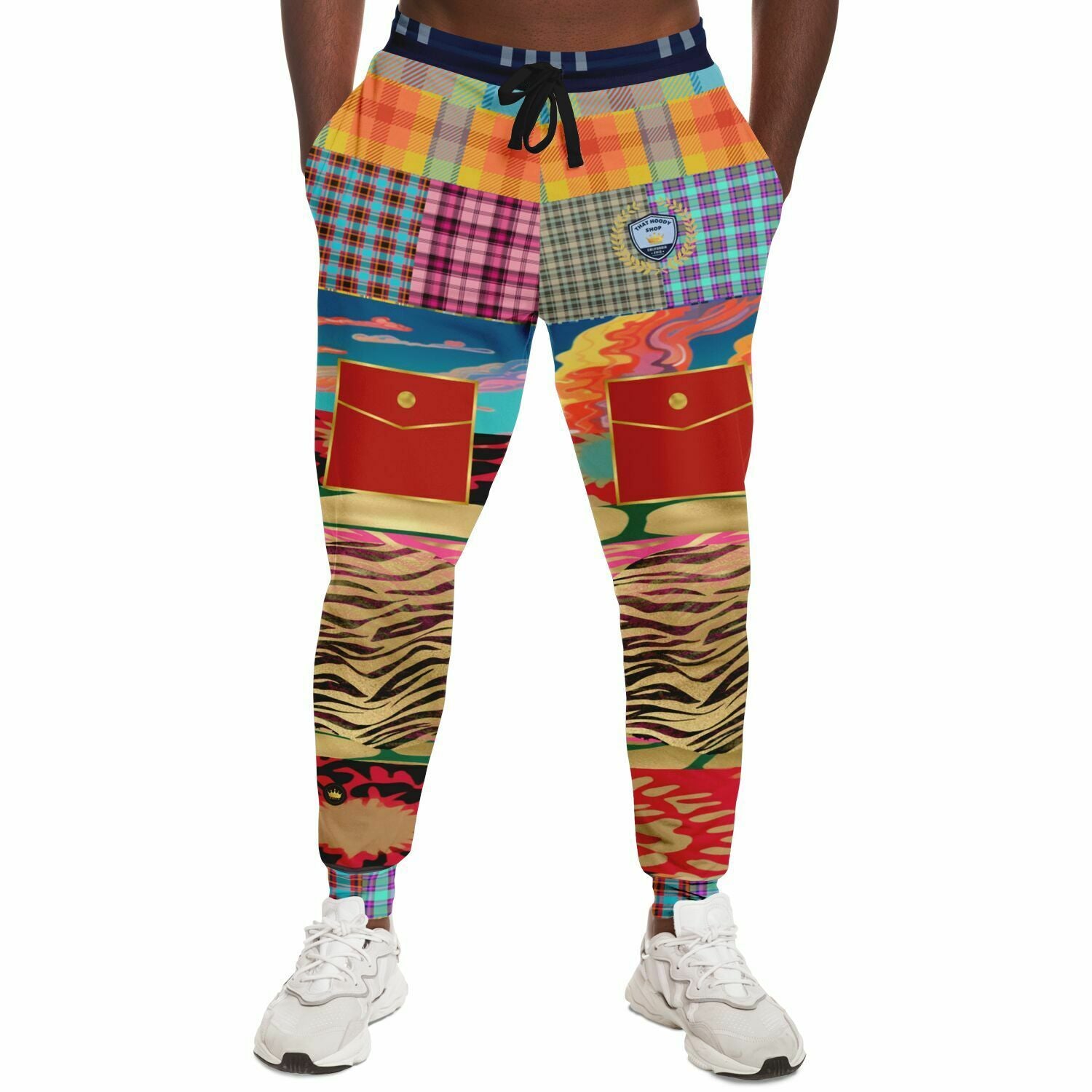 Walking the Runway Joggers unisex de eco-poliéster con patchwork de cebra