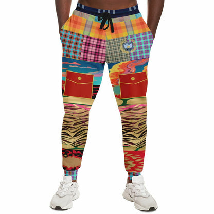 Walking the Runway Joggers unisex de eco-poliéster con patchwork de cebra