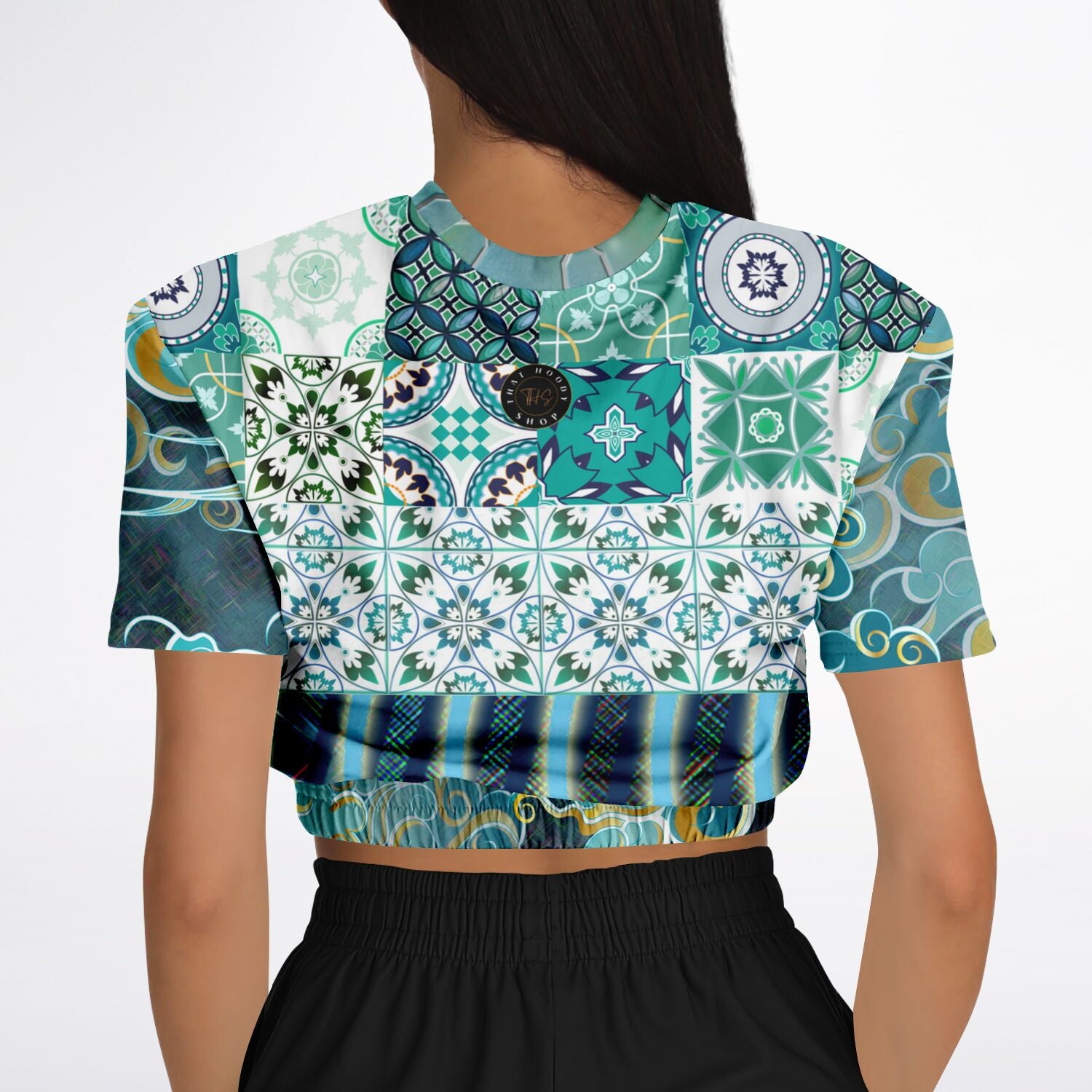 Green Meknes Mosaic Tile Eco-Poly Short Sleeve Cropped Sweater