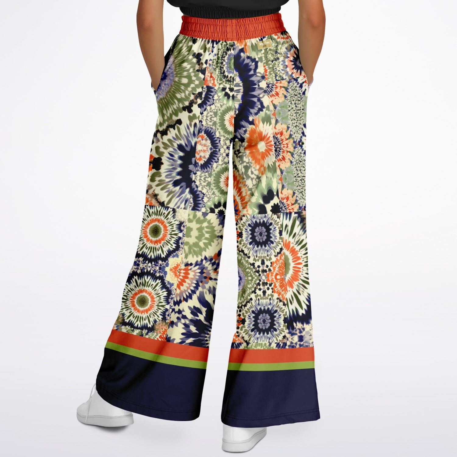 Pantalones anchos mandarín con estampado floral y estampado de remolinos de ecopoliéster verde 