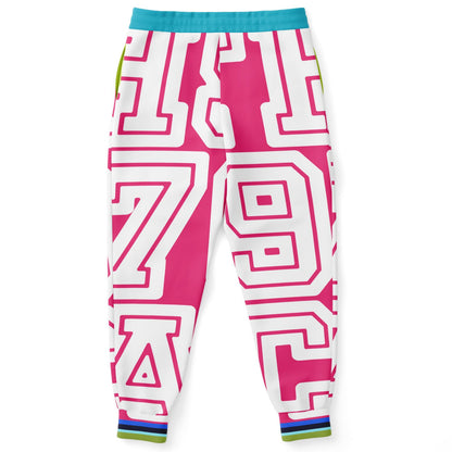 Monograma THS 1976 CA en joggers unisex de poliéster ecológico rosa fuerte 