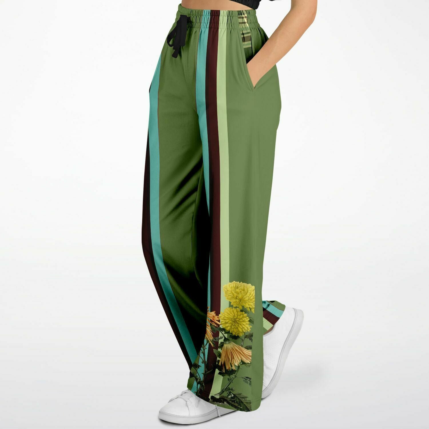 Green Caravan Striped Floral Eco-Poly Wide Leg Pants