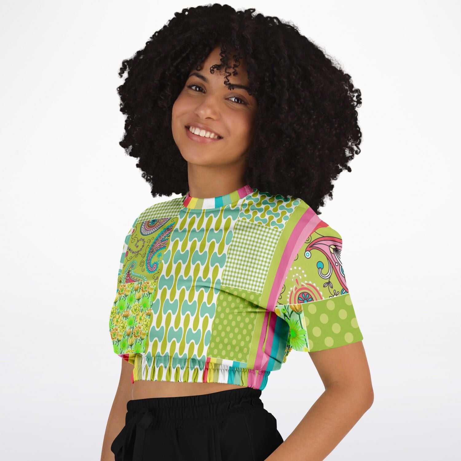 Green Anjou Pear Patchwork Eco-Poly Short Sleeve Cropped Sweater