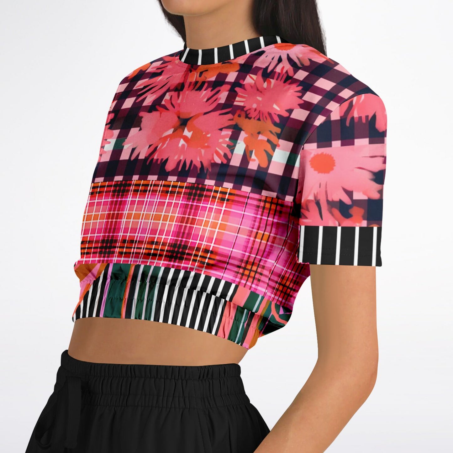 Pink Chrysanthemum Plaid Floral Eco-Poly Short Sleeve Cropped Sweater