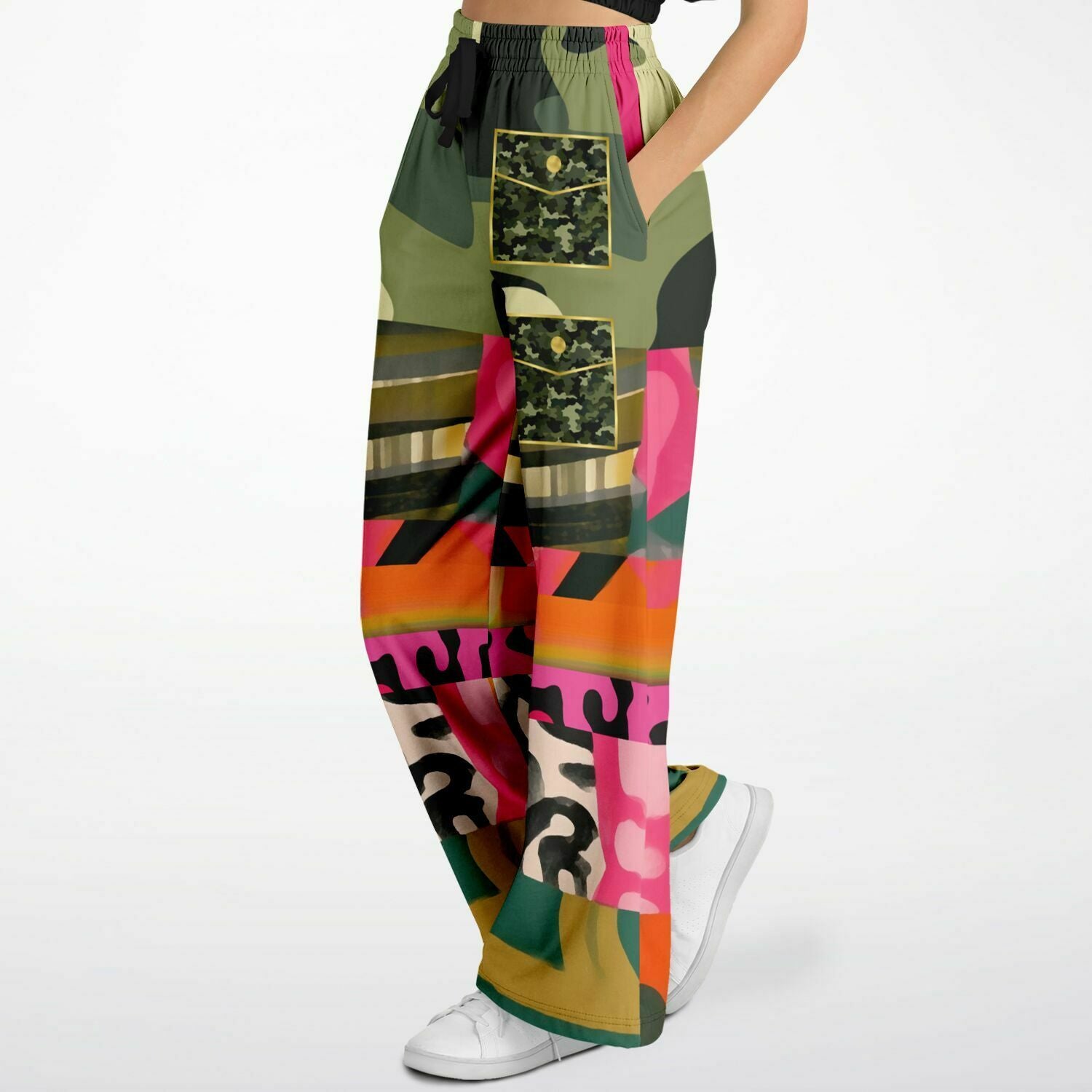 Faces of Medusa Patchwork Print Eco-Poly Wide Leg Pants