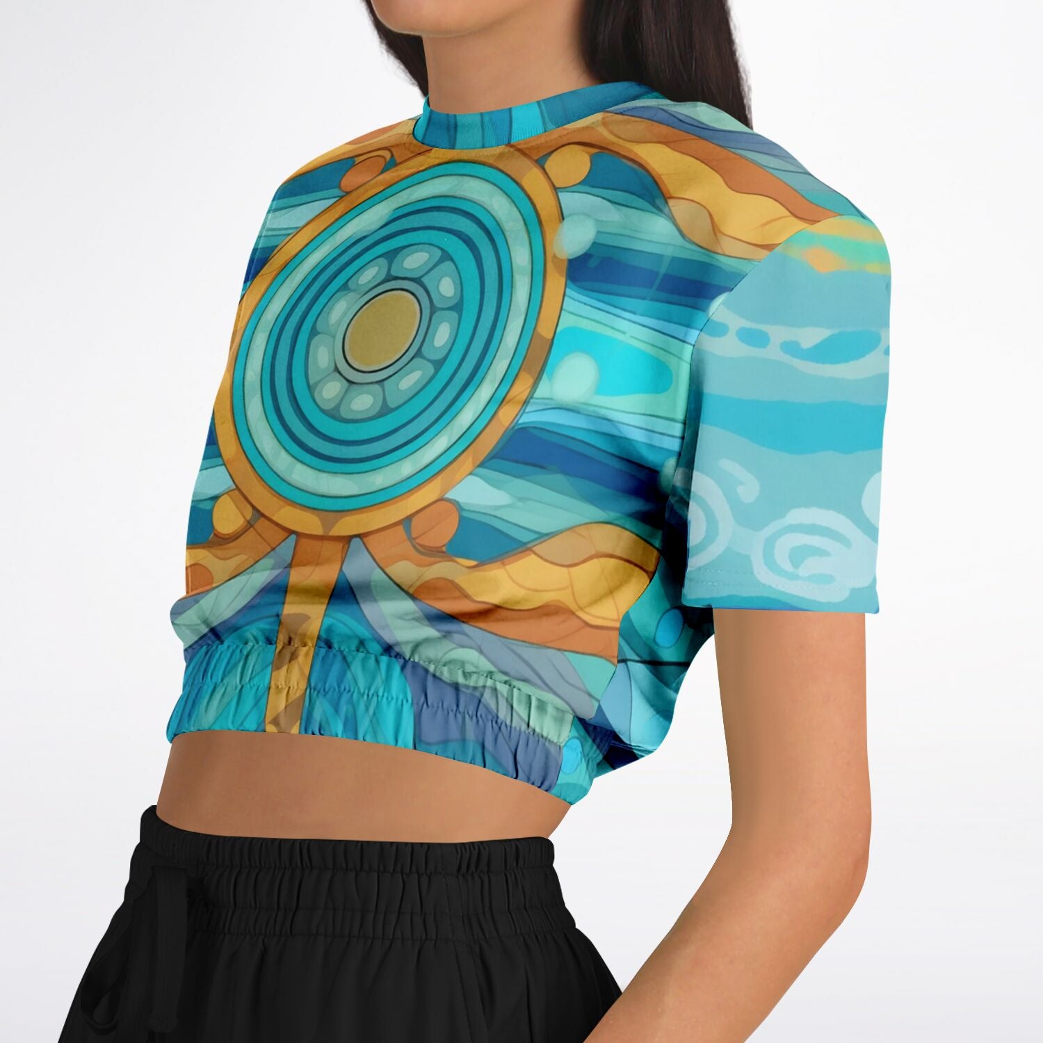 Bahamian Blue Waves Compass Eco-Poly Short Sleeve Cropped Sweater