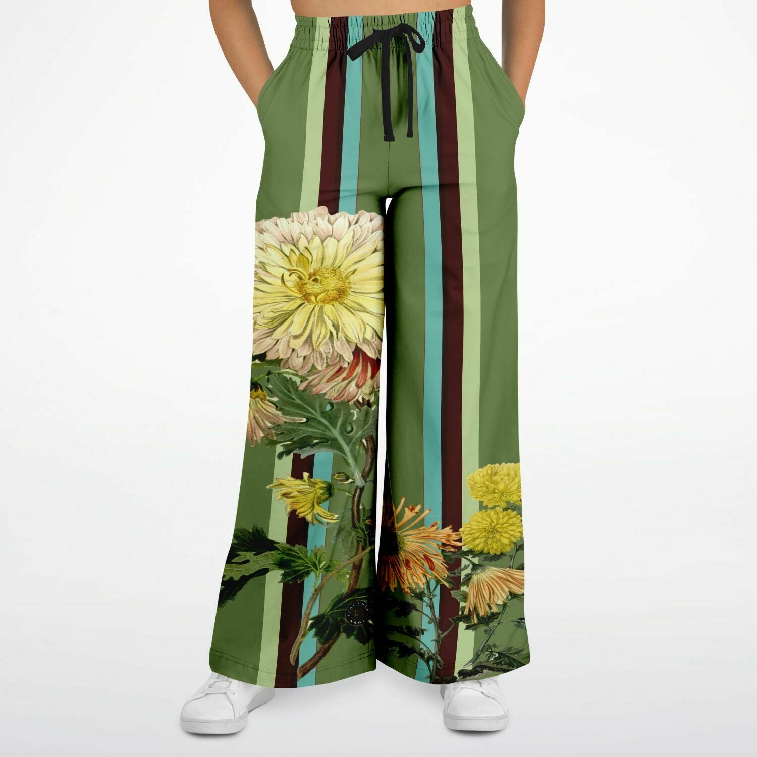 Green Caravan Striped Floral Eco-Poly Wide Leg Pants