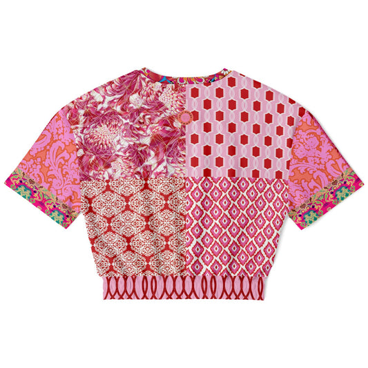 Gypsy Beat Pink Patchwork Short Sleeve Cropped Sweater