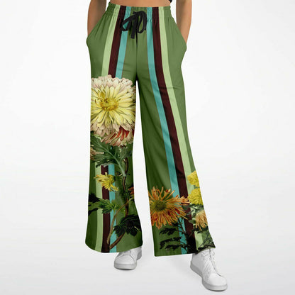 Green Caravan Striped Floral Eco-Poly Wide Leg Pants