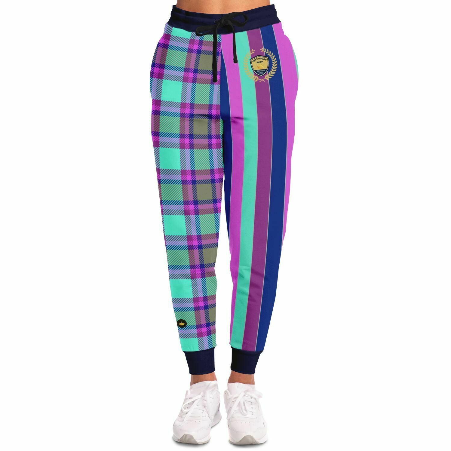 Joggers unisex de poliéster ecológico con rayas de rugby a cuadros de Purpalicious 