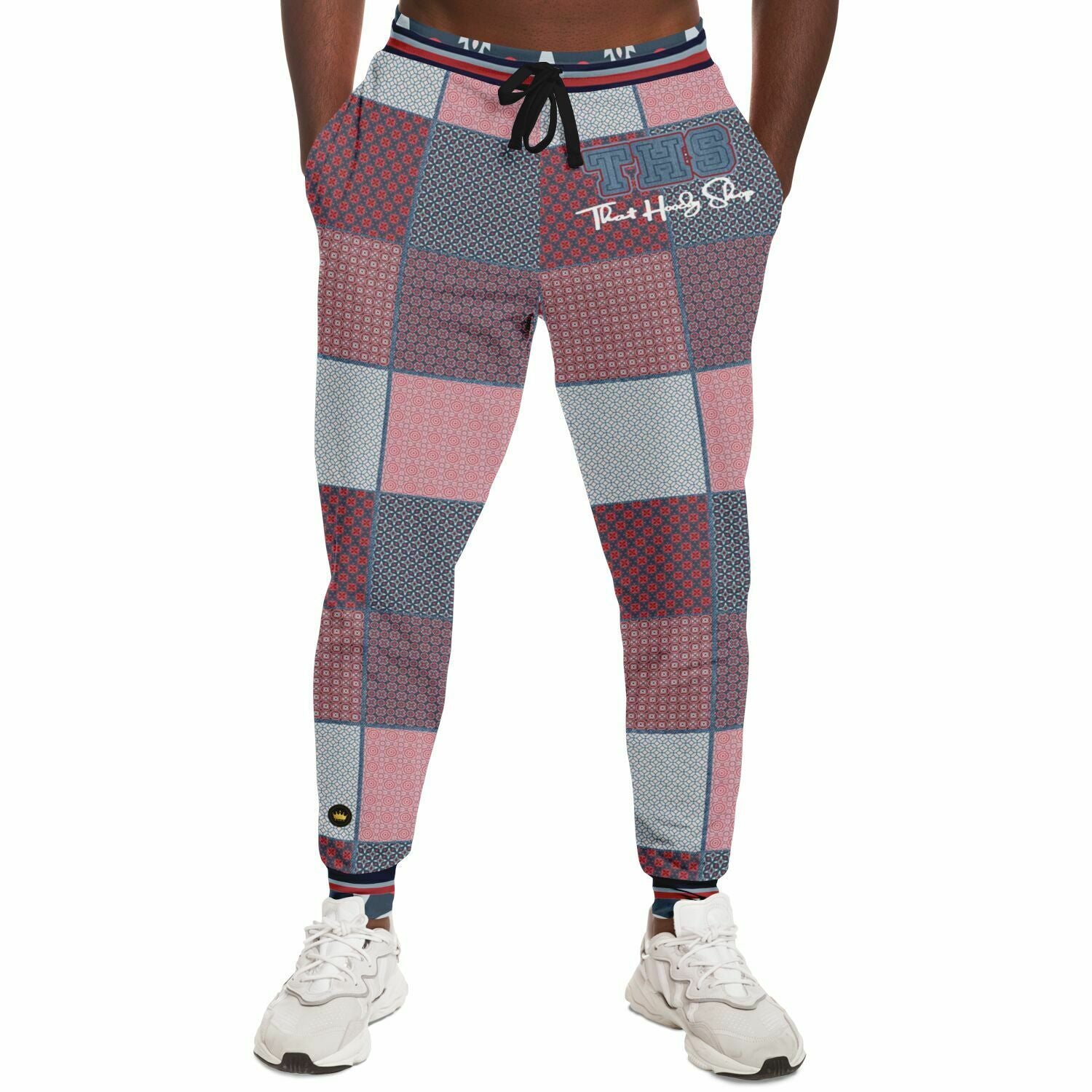 Joggers unisex de poliéster ecológico con patchwork de mezclilla Geo Montauk en rosa 