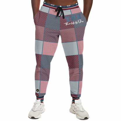 Joggers unisex de poliéster ecológico con patchwork de mezclilla Geo Montauk en rosa 