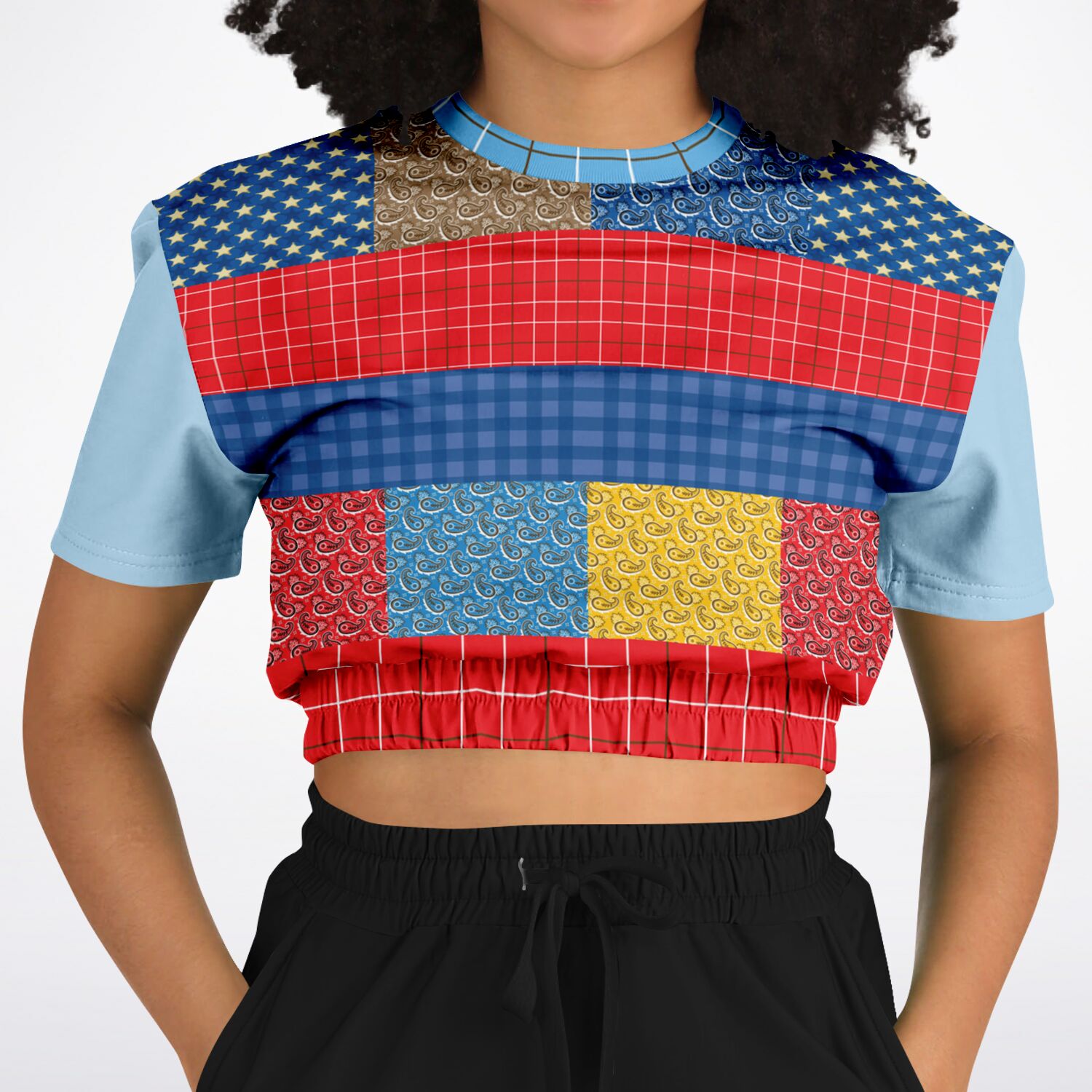 Western Edition Bandana Patchwork Eco-Poly Short Sleeve Cropped Sweater