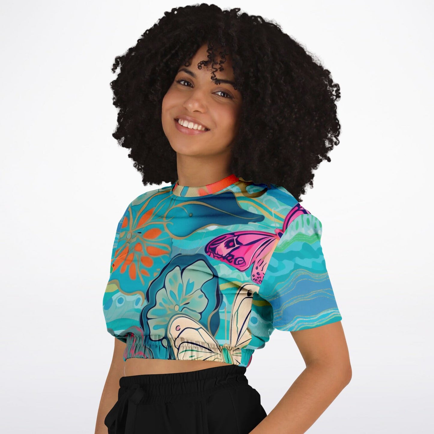 Bahamian Blue Waves Butterfly Eco-Poly Short Sleeve Cropped Sweatshirt