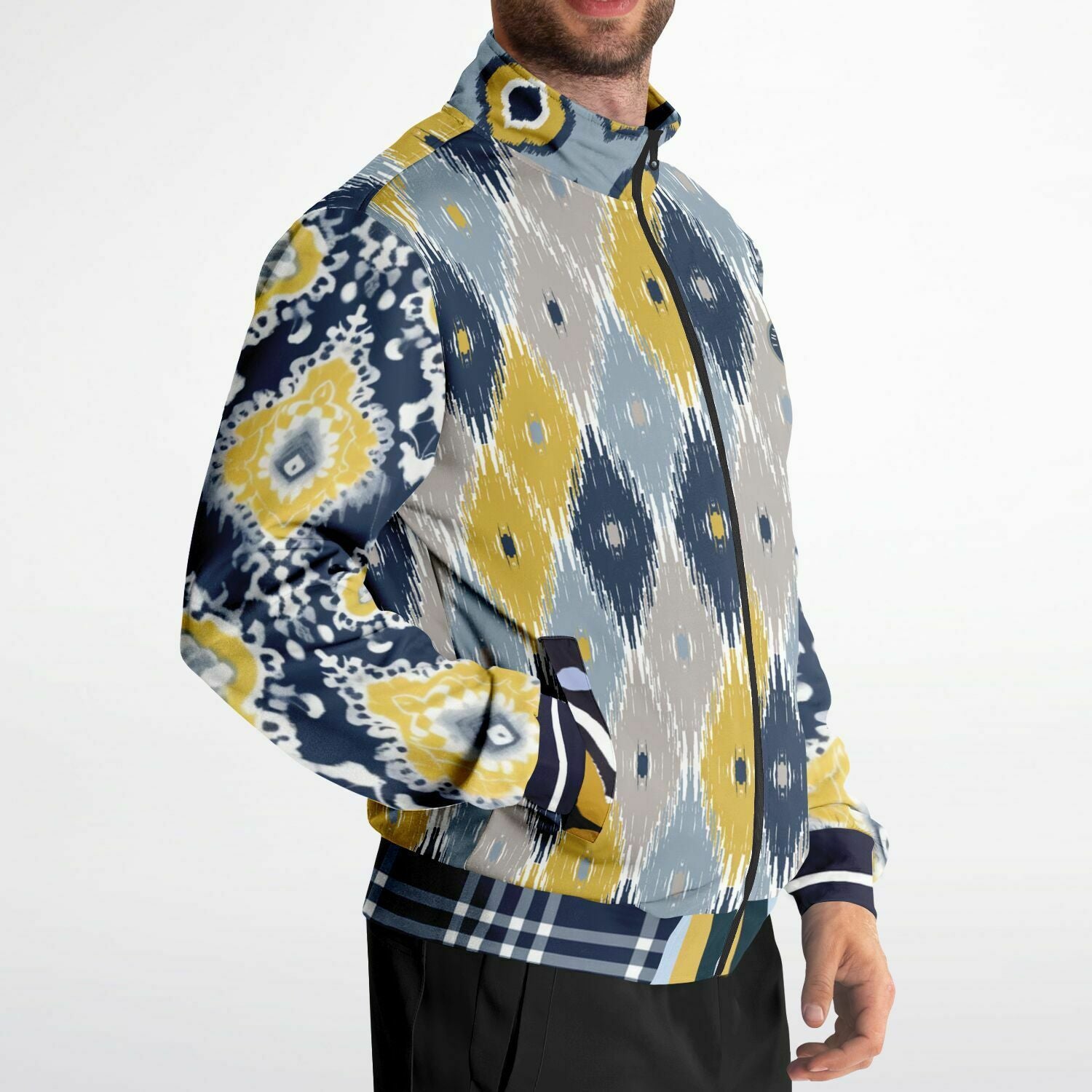 Chaqueta deportiva unisex de poliéster ecológico batik indio azul marino real y amarillo 