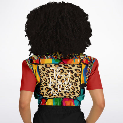 Afro-Queen Solace Cheetah Rainbow Geo Eco-Poly suéter corto de manga corta 