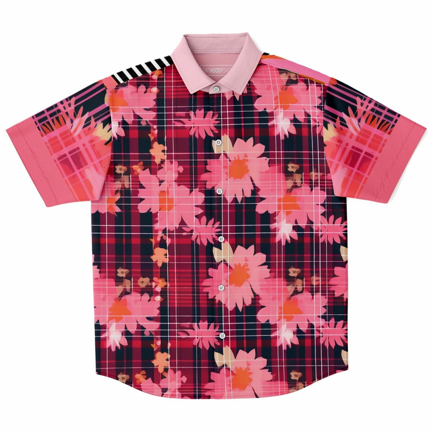 Pink Chrysanthemum Plaid Floral Short Sleeve Button Down Shirt