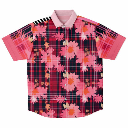 Camisa con botones de manga corta floral a cuadros de crisantemo rosa 