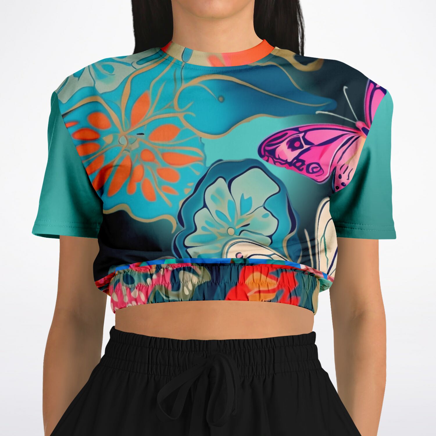 Midnight Butterfly Melody Eco-Poly Short Sleeve Cropped Sweater