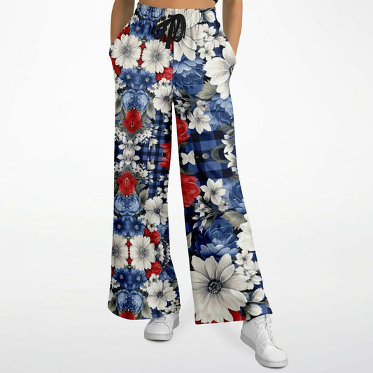 Pantalones anchos de poliéster ecológico a cuadros florales Fashionista azules 