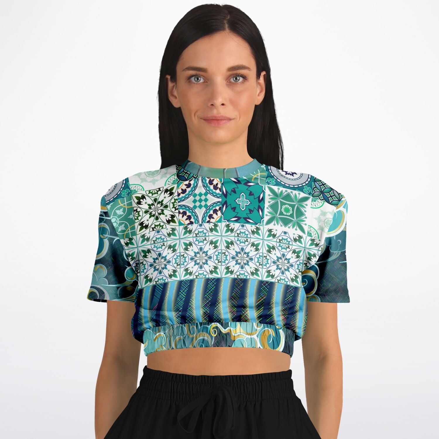 Green Meknes Mosaic Tile Eco-Poly Short Sleeve Cropped Sweater