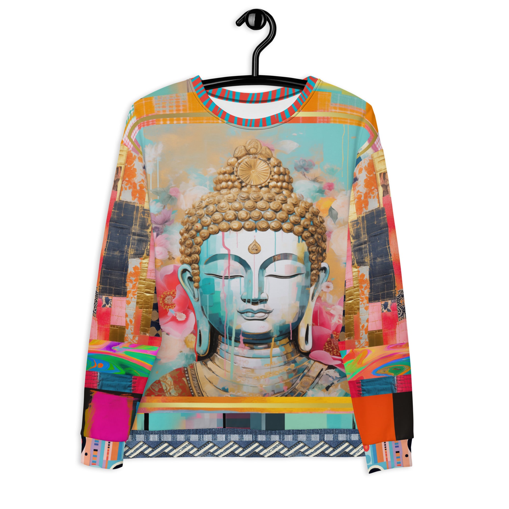 Serene Buddha in Pastel Patchwork Print Eco-Poly Unisex Sweatshirt
