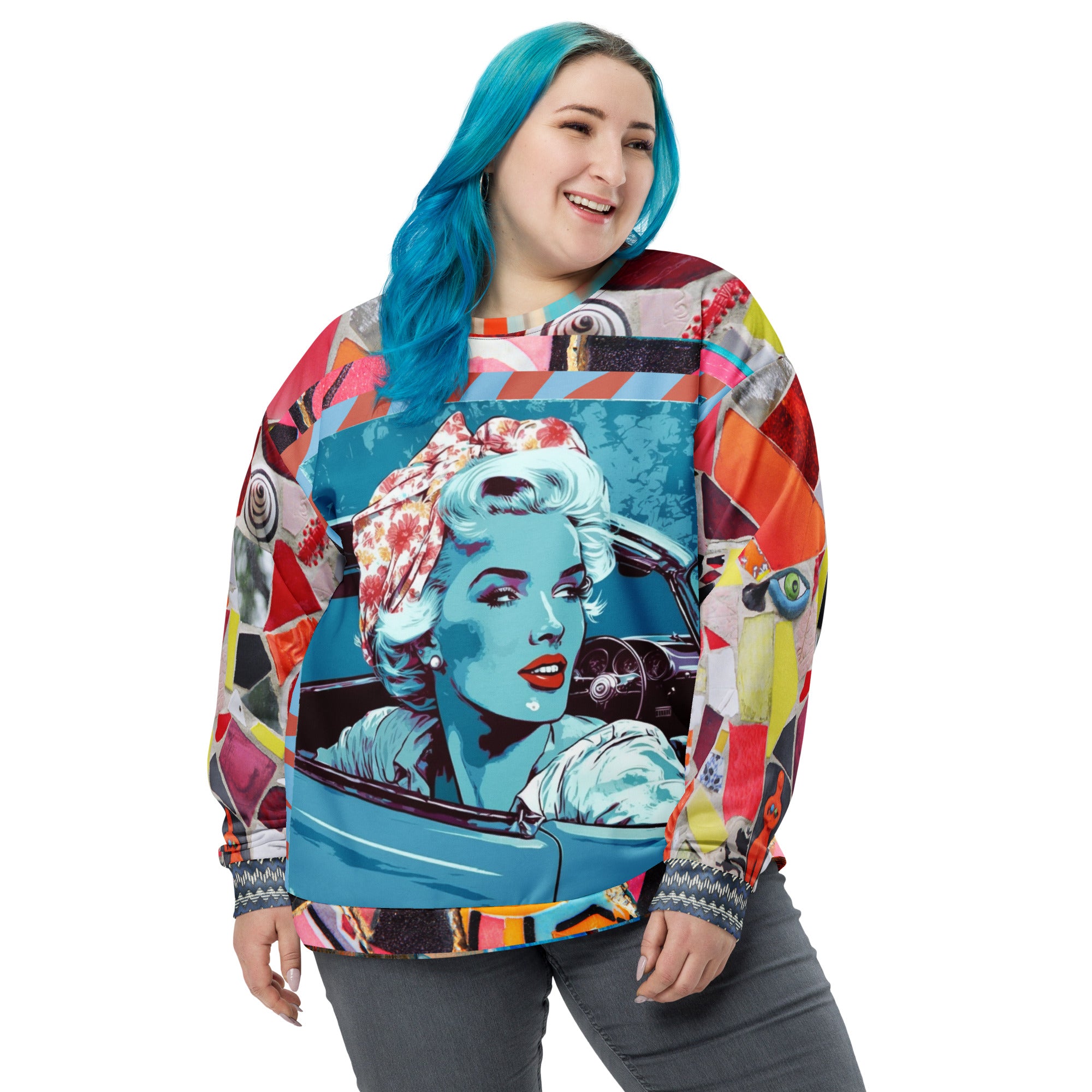 Girl on Blue Highway Retro Print Summer Weight Eco-Poly Unisex Sweatshirt