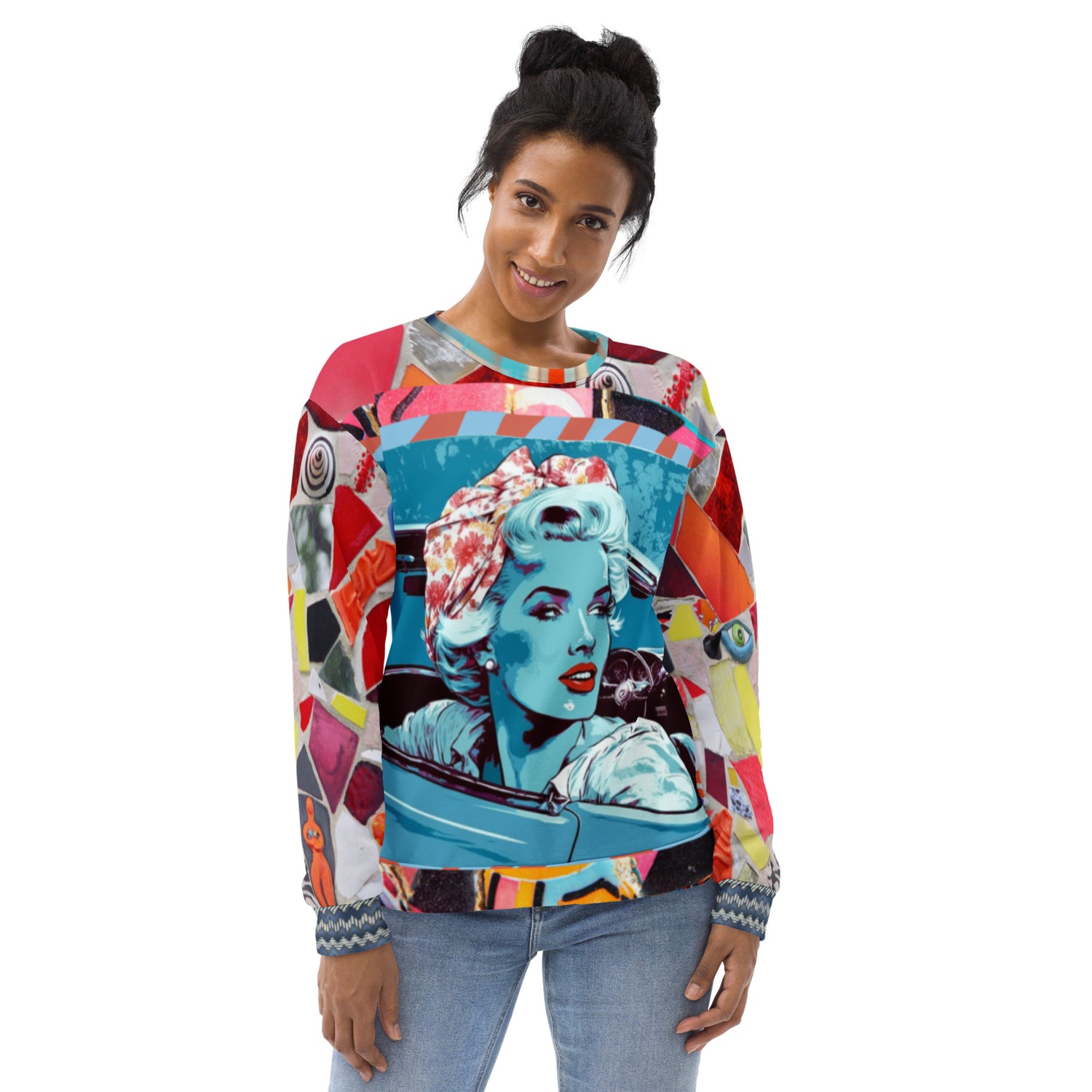 Girl on Blue Highway Retro Print Summer Weight Eco-Poly Unisex Sweatshirt