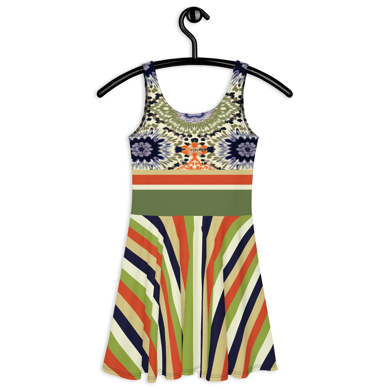 Green Mandarin Groovy Stripe Floral Tie-Dye Sleeveless Skater Dress