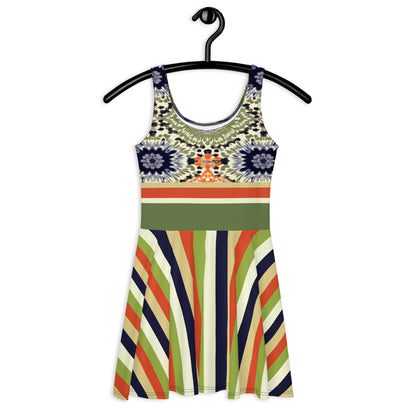 Green Mandarin Groovy Stripe Floral Tie-Dye Sleeveless Skater Dress