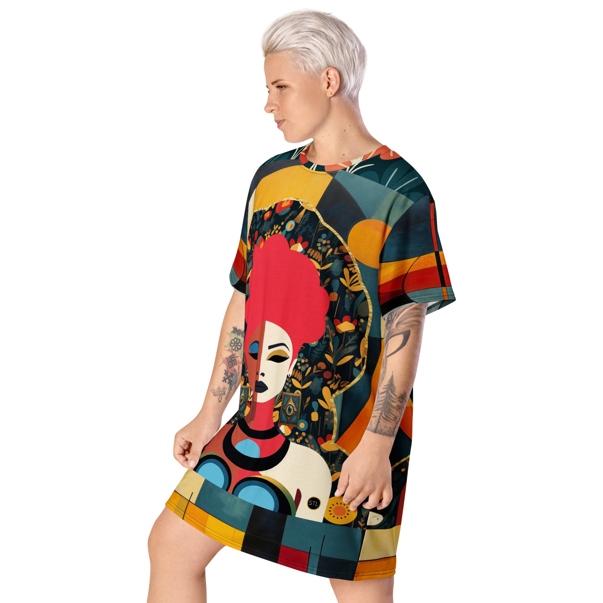 Mixed Girl Cubist Drawing T-shirt dress