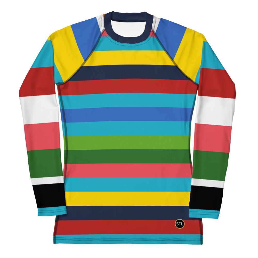 Caribbean Blue Rainbow Rugby Stripe Rash Guard