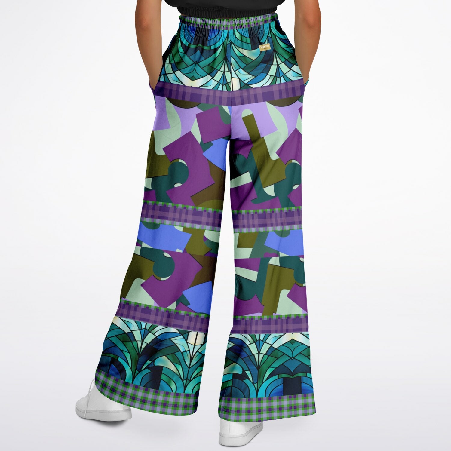 Almond Twig in Bloom Abstract Camo Patchwork Eco-Poly Wide Leg Pants