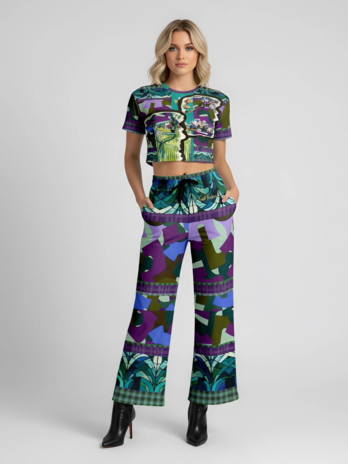 Almond Twig in Bloom Abstract Camo Patchwork Eco-Poly Short Sleeve Cropped Pullover