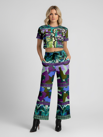 Almond Twig in Bloom Abstract Camo Patchwork Eco-Poly Short Sleeve Cropped Pullover