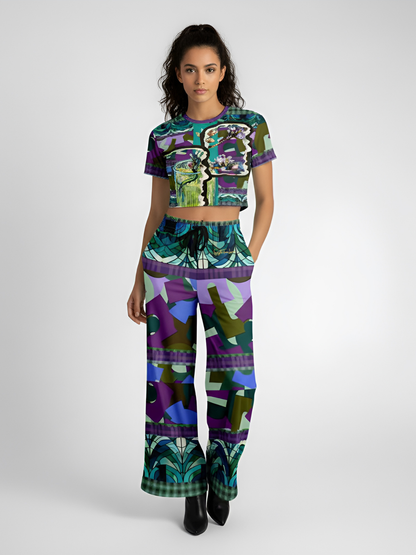 Almond Twig in Bloom Abstract Camo Patchwork Eco-Poly Short Sleeve Cropped Pullover