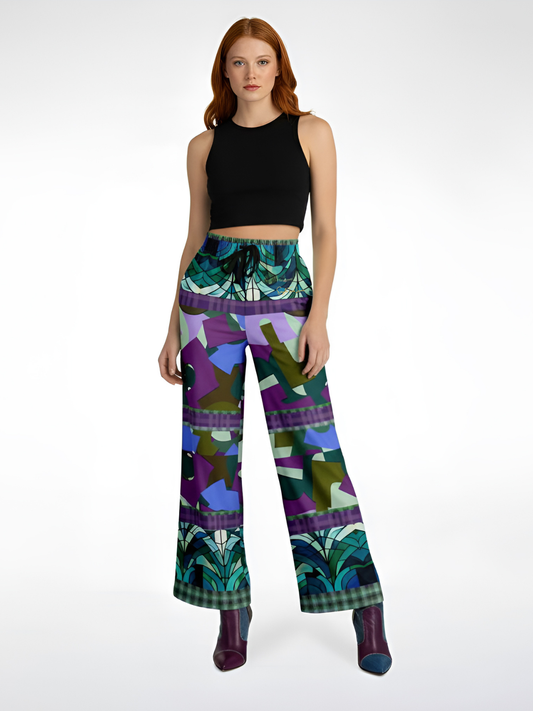 Almond Twig in Bloom Abstract Camo Patchwork Eco-Poly Wide Leg Pants