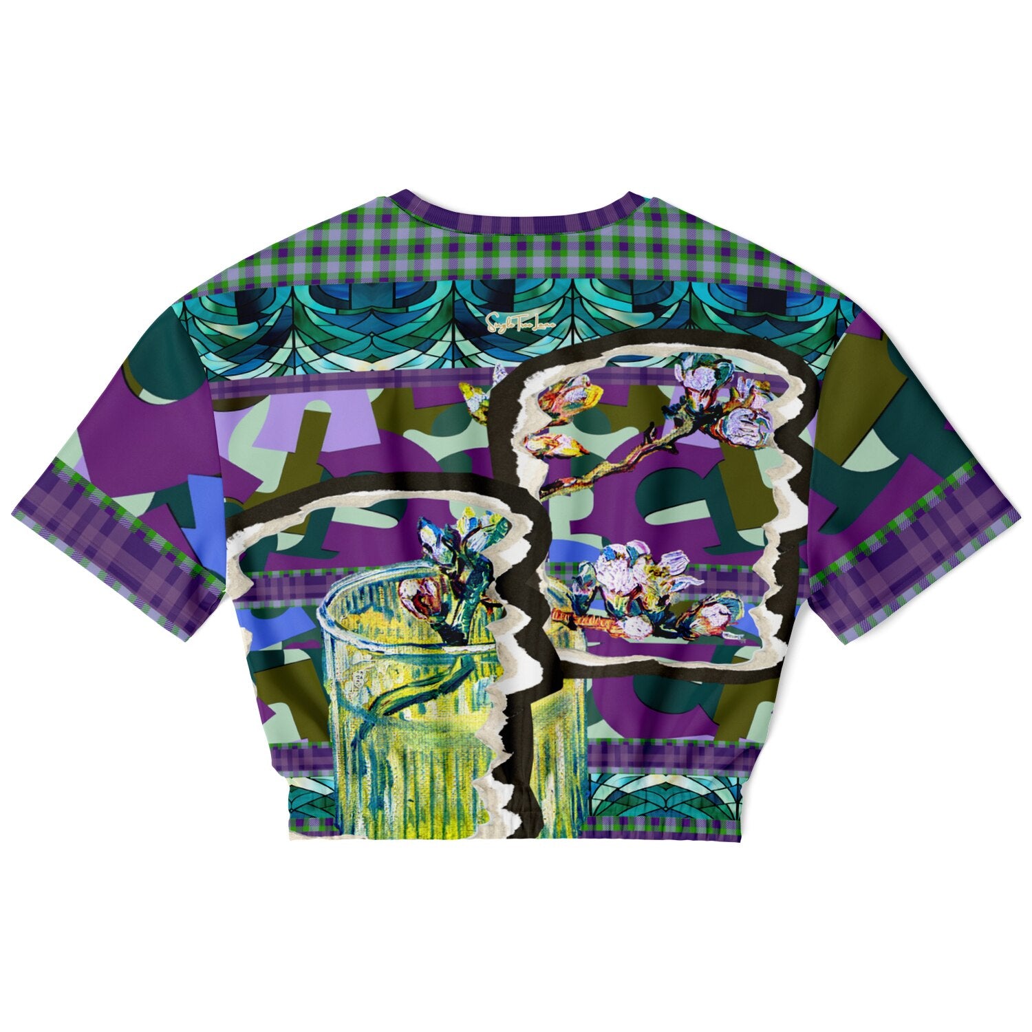 Almond Twig in Bloom Abstract Camo Patchwork Eco-Poly Short Sleeve Cropped Pullover
