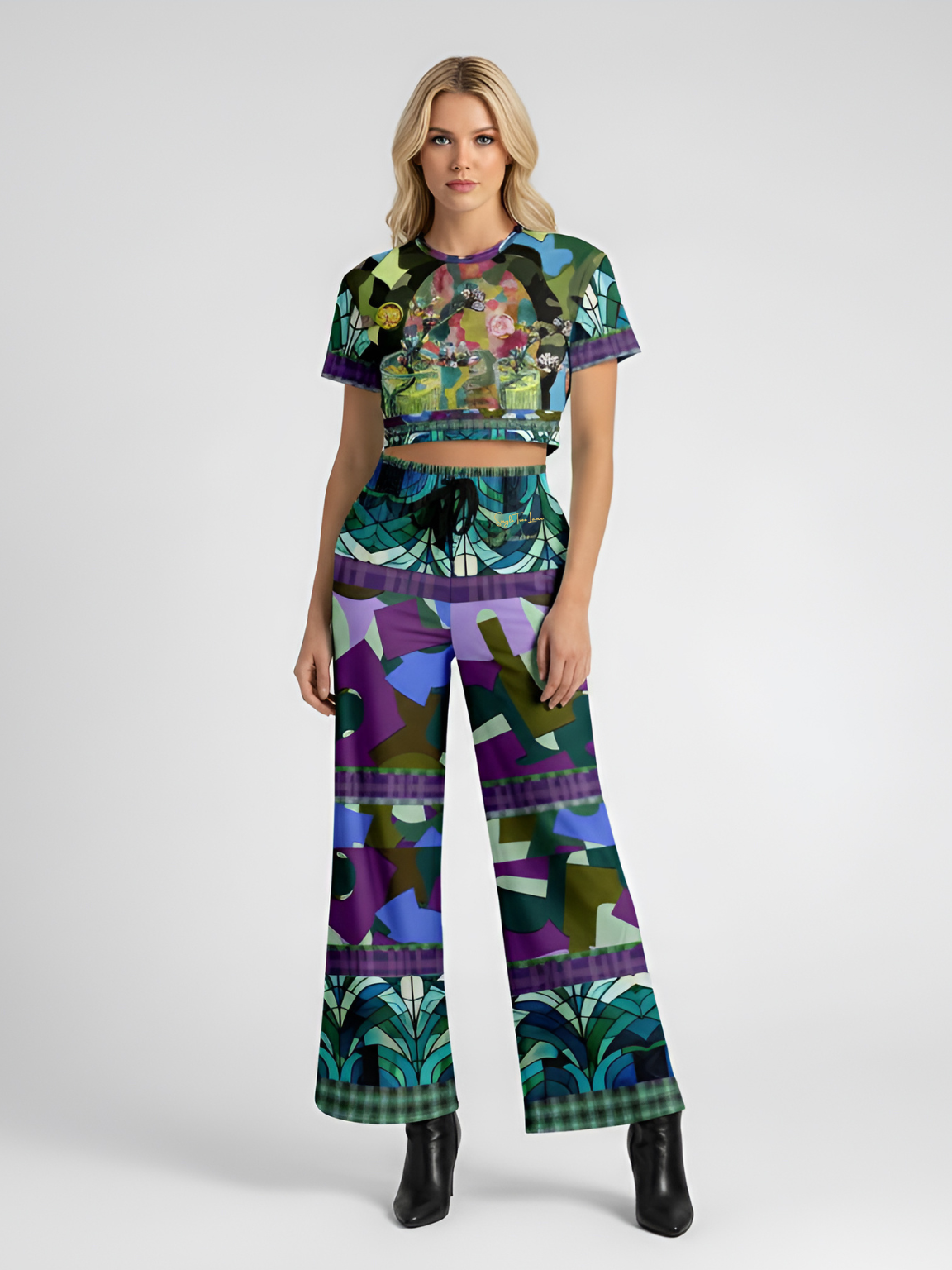 Almond Twig in Bloom Abstract Camo Patchwork Eco-Poly Wide Leg Pants