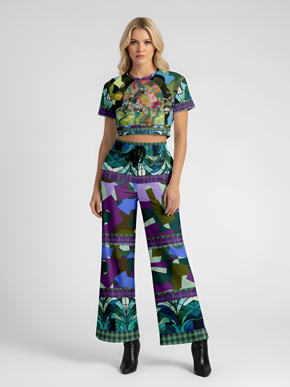 Almond Twig in Bloom Abstract Camo Patchwork Eco-Poly Wide Leg Pants