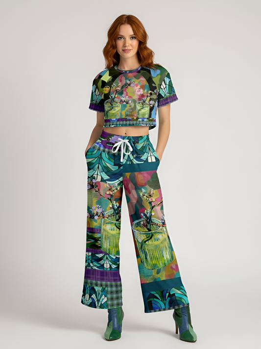 Almond Twig in Bloom Camo Patchwork Eco-Poly Wide Leg Pants