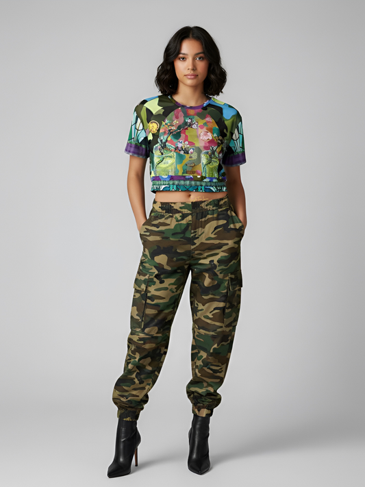Almond Twig in Bloom Camo Patchwork Eco-Poly Short Sleeve Cropped Pullover