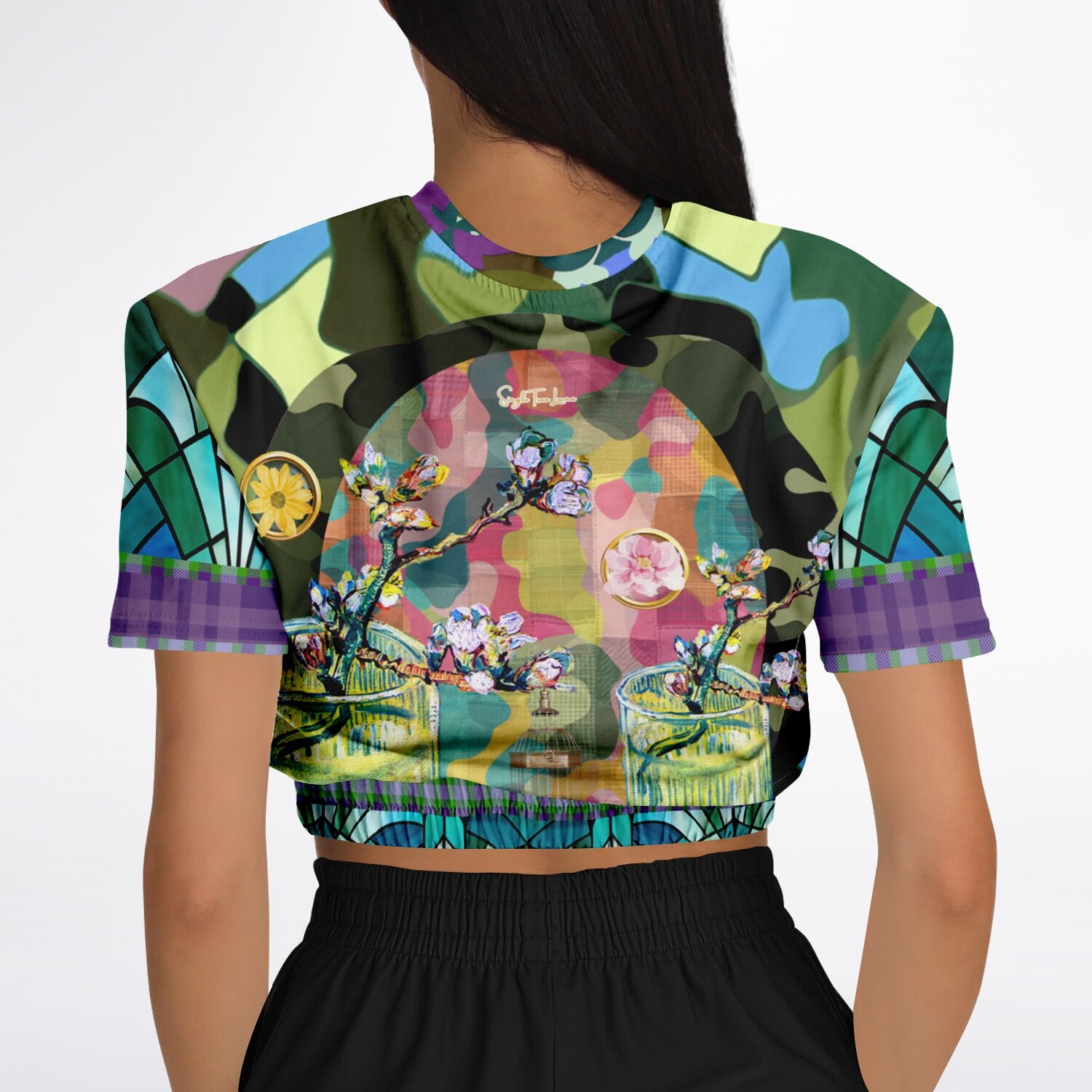 Almond Twig in Bloom Camo Patchwork Eco-Poly Short Sleeve Cropped Pullover