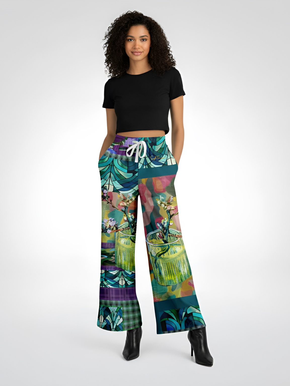 Almond Twig in Bloom Camo Patchwork Eco-Poly Wide Leg Pants