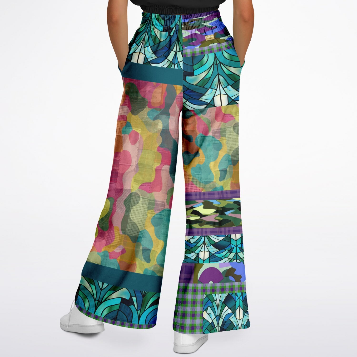 Almond Twig in Bloom Camo Patchwork Eco-Poly Wide Leg Pants