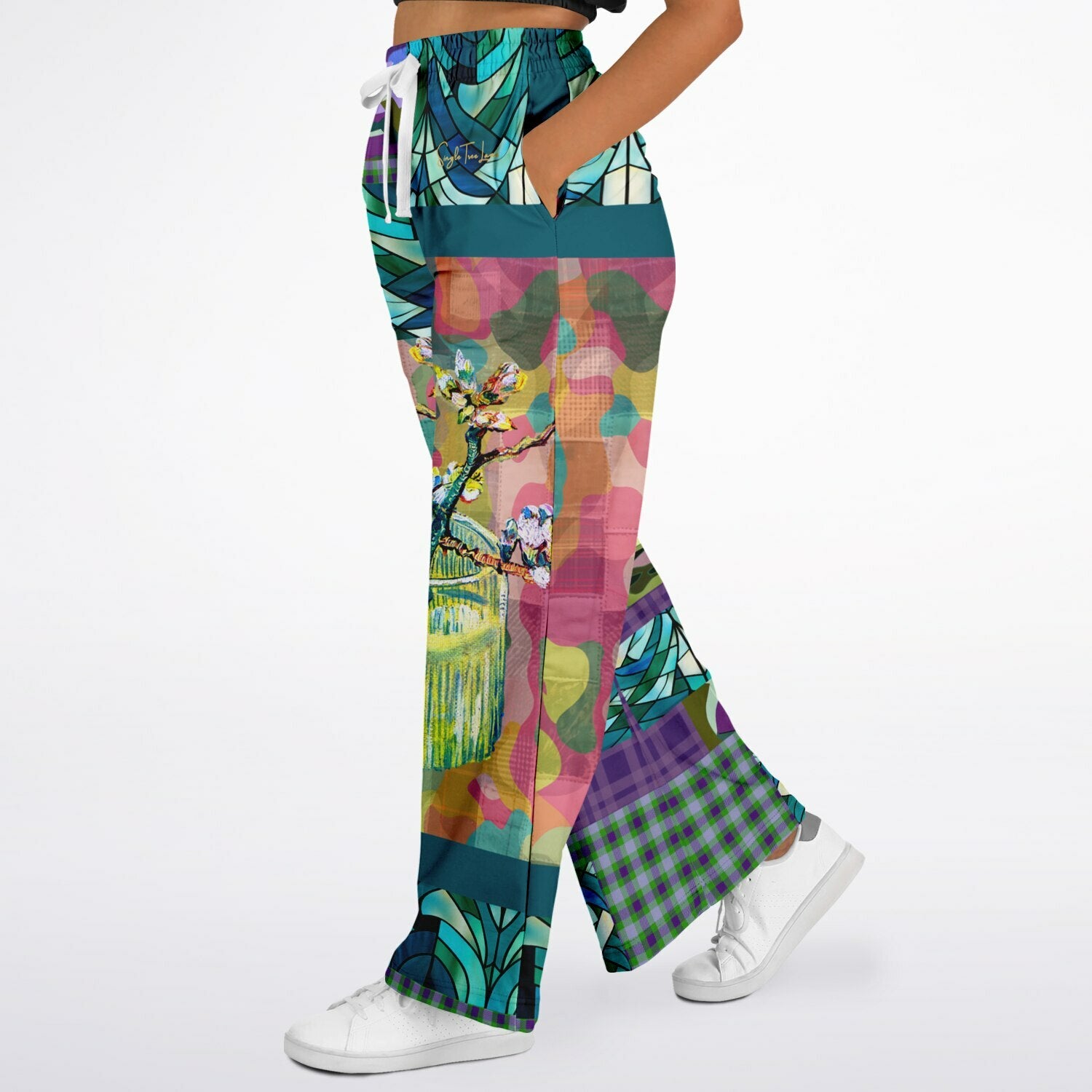 Almond Twig in Bloom Camo Patchwork Eco-Poly Wide Leg Pants