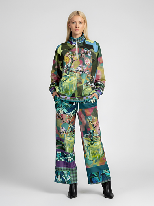 Almond Twig in Bloom Camo Patchwork Eco-Poly Wide Leg Pants