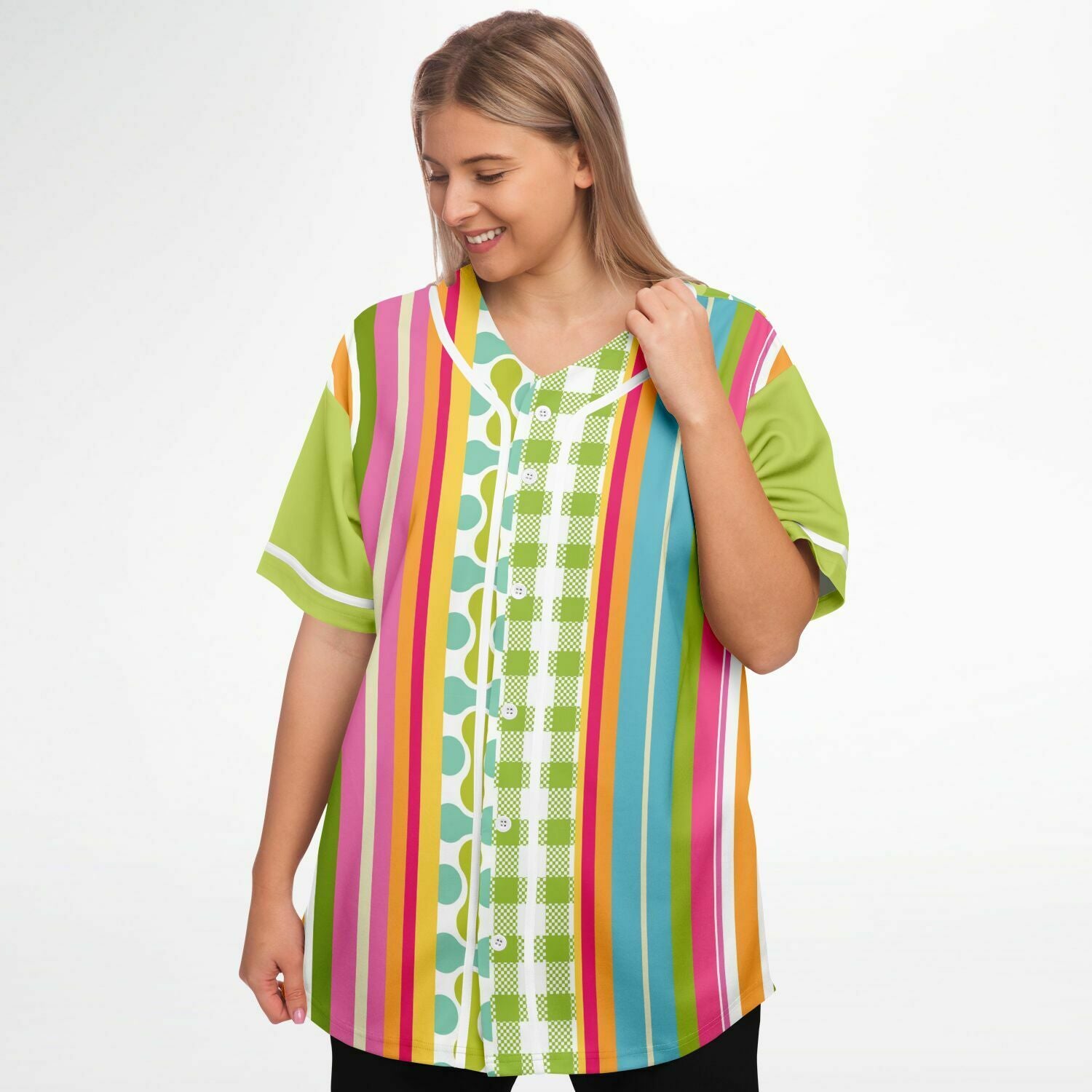 Green Anjou Pear Striped Patchwork Eco-Poly Baseball Jersey